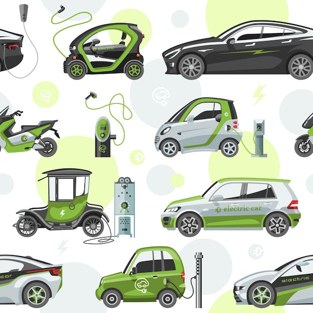 Vector electric  car with solar panels eco electro transport illustration automobile socket electrical car battery charger seamless pattern background