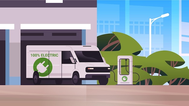 Electric cargo van charging battery vehicle at recharging power station charger ev management sustainable transport