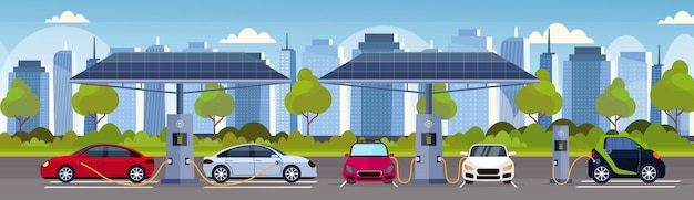 Vector electric cars charging on electrical charge station with solar panels renewable eco friendly transport environment care concept  modern cityscape background horizontal