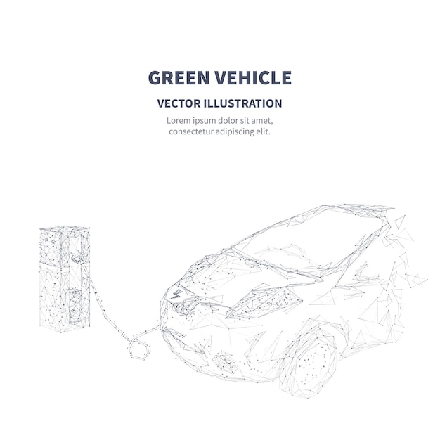 벡터 전기 자동차 또는 녹색 자동차 개념 다각형 디지털 기술 혁신 벡터 일러스트 레이 션