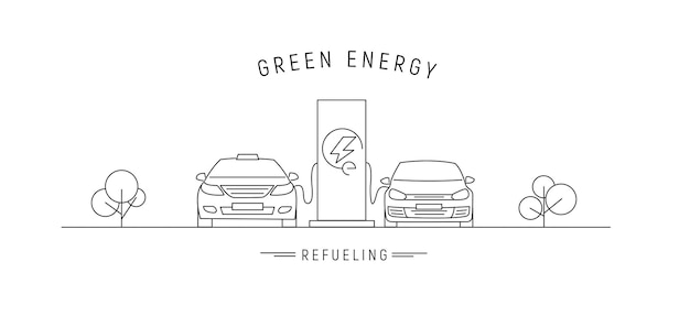 Electric charge station with electric cars linear illustration with green energy text