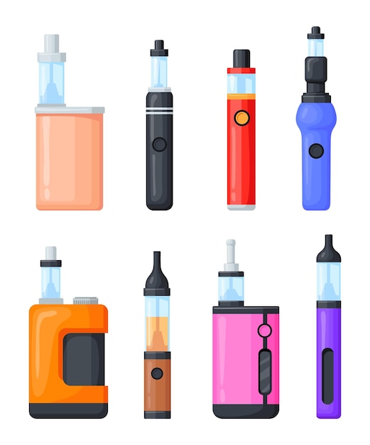 電気タバコ 流行に敏感な電子タバコ ecig 漫画 vape 葉巻 mod ペン クリアロマイザー 基本的な e デバイス 気化器 煙中毒 vaping 機器 きちんとしたベクトル図