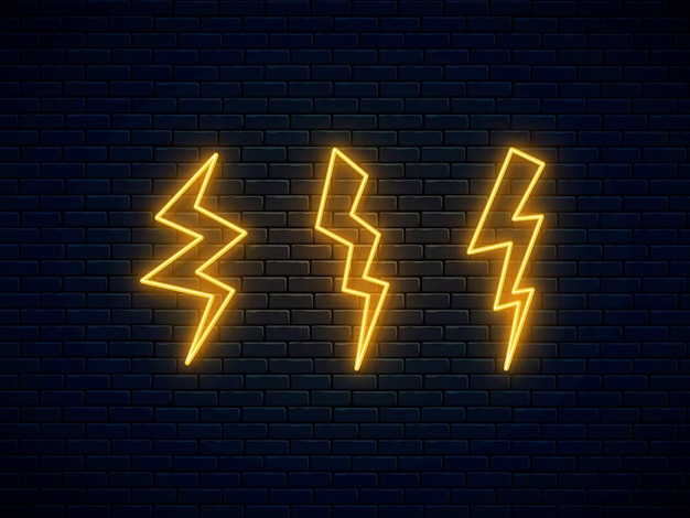 Electric discharge neon symbol. Neon lightning bolt set. High-voltage thunderbolt. Thunder and electricity sign.