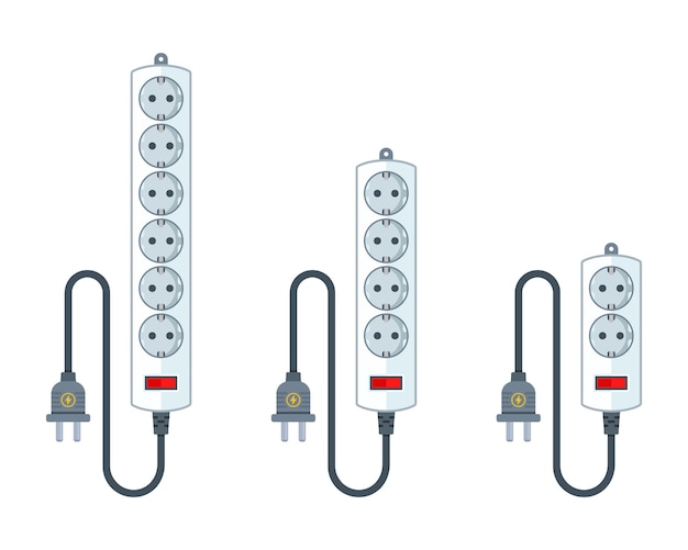 Vector electric extension cord for household appliances. a set of different extender lengths. flat illustration isolated on white.