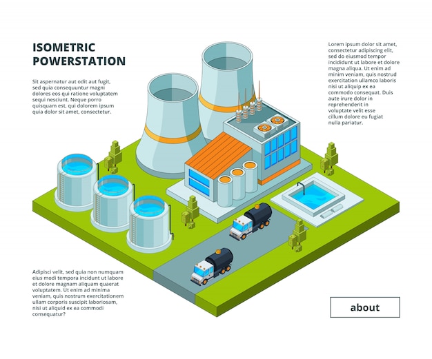 Vector electric factory, power plant electrical generation tools buildings with turbines tubes production support isometric buildings