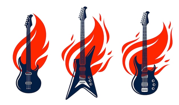 Electric guitar on fire, hot rock music guitar in flames, Hard Rock or Rock and Roll concert or festival labels, night club live show, vector logos or emblems set.