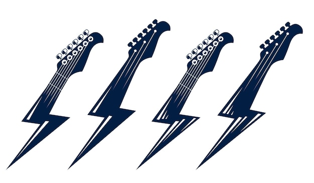 Vector electric guitar headstock in a shape of lightning, hot rock music, hard rock or rock and roll concert or festival labels, night club live show band performance, vector logos set.