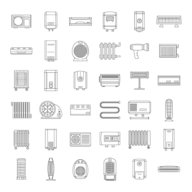 Electric heater device icons set