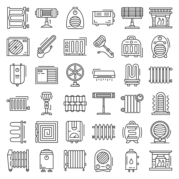 Electric heater icon set. Outline set of electric heater vector icons
