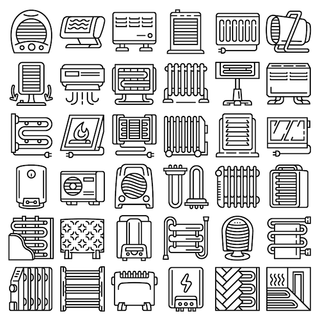 Vector electric heater icon set, outline style