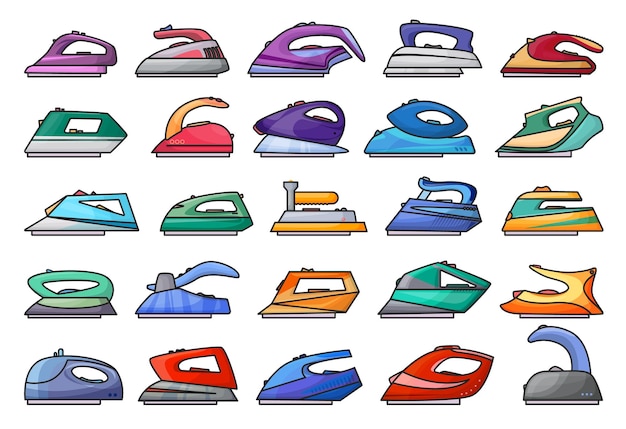 Icona del set di colori isolato ferro da stiro icone del set di colori del vettore pressa a vapore illustrazione vettoriale ferro elettrico su sfondo bianco