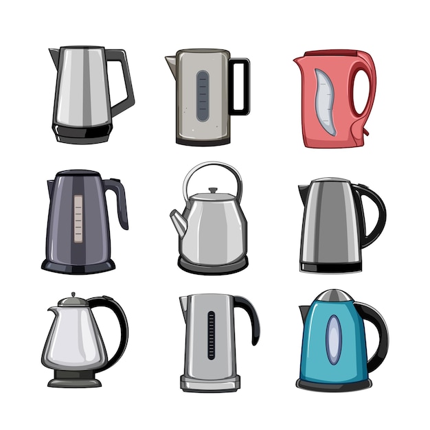 Electric kettle set cartoon vector illustration