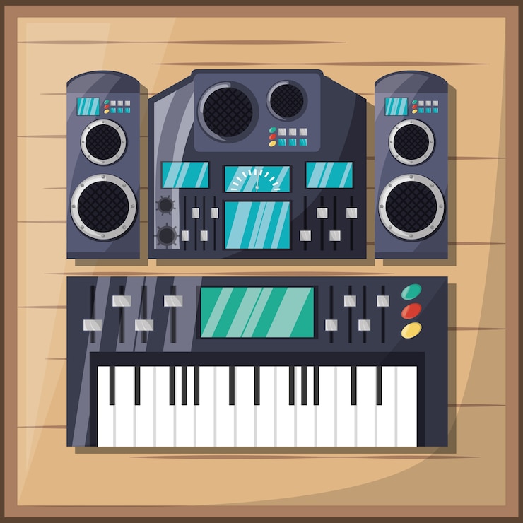 Vector electric keyboard with amplifier speaker and console music