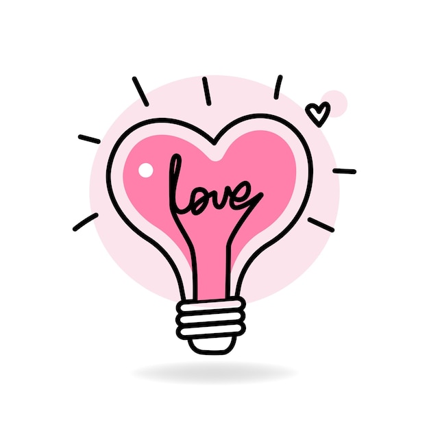 심장 및 단어 사랑의 형태로 전기 램프. 스케치 낙서 스타일 아이콘입니다. 벡터 그래픽입니다.