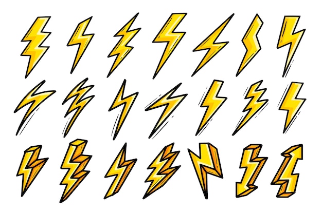 Electric lightning flash bold icons yellow set