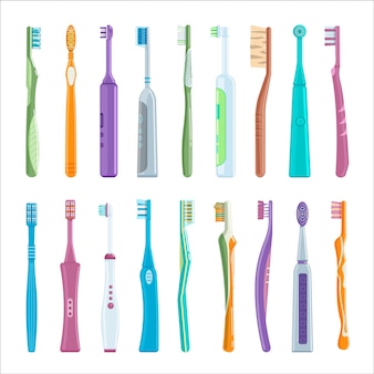 Set spazzolino elettrico e manuale per l'igiene orale. spazzola dentale per cartoni animati con setole in nylon, manico in plastica per l'illustrazione vettoriale dello strumento sanitario dei denti isolato su sfondo bianco