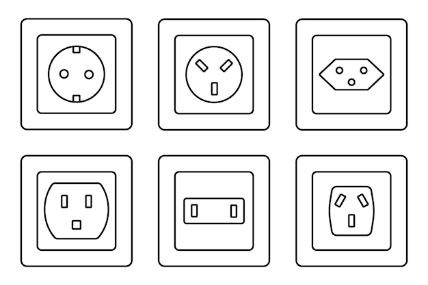 Illustrazione della presa elettrica presa di alimentazione di tipo diverso imposta l'icona vettoriale della linea della presa per applicazioni e siti web