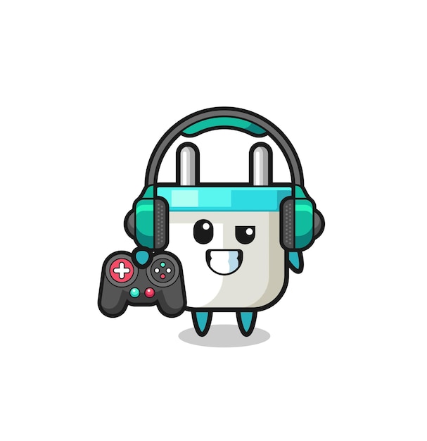 Electric plug gamer mascot holding a game controller  cute design