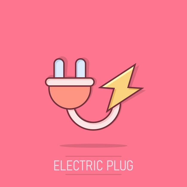 Electric plug icon in comic style Power adapter cartoon vector illustration on isolated background Electrician splash effect sign business concept