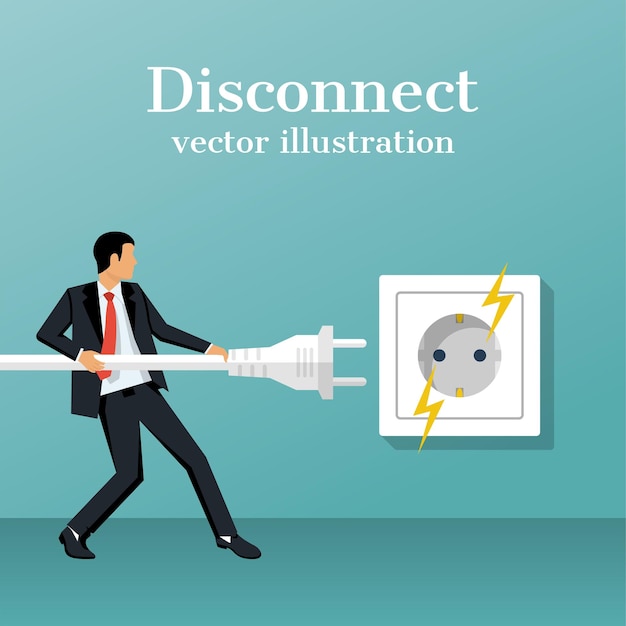 Vector electric plug with spark businessman turns off an electric plug with power outlet vector illustratio