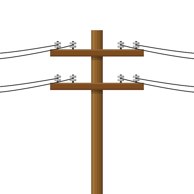 Vettore polo elettrico isolato su sfondo bianco. linee elettriche in legno, trasmissione di energia elettrica. palo di utilità concetto di elettricità. cavi ad alta tensione, illustrazione vettoriale.