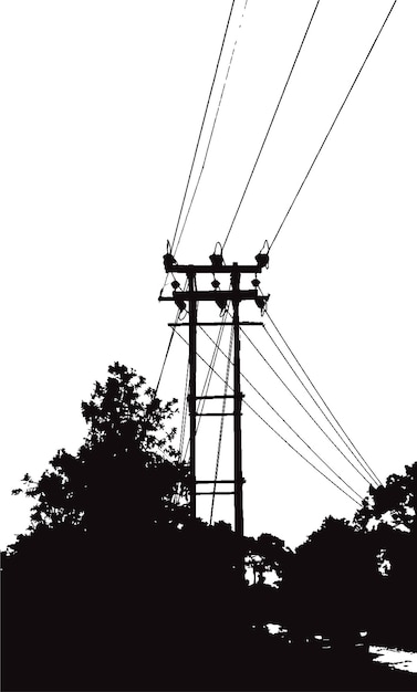 Electric pole silhouette with high voltage power lines in countryside forest nature illustration