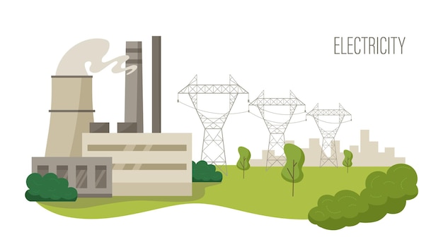 ベクトル 都市への電力伝送高圧送電線の鉄塔は発電所から町の建物のベクトル図に電力を供給します