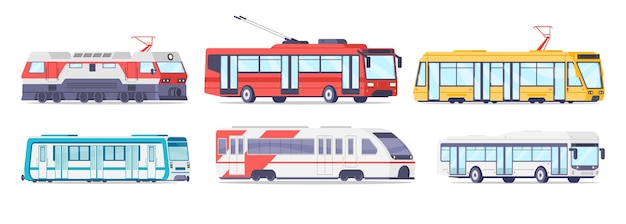 Электрический общественный транспорт для перевозки пассажиров изометрической векторной иллюстрацией. установите различные автомобильные перевозки пригородных городских междугородних поездок. поезд, трамвай, автобус, троллейбус, метро