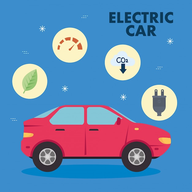 Electric red car with icon set vector design