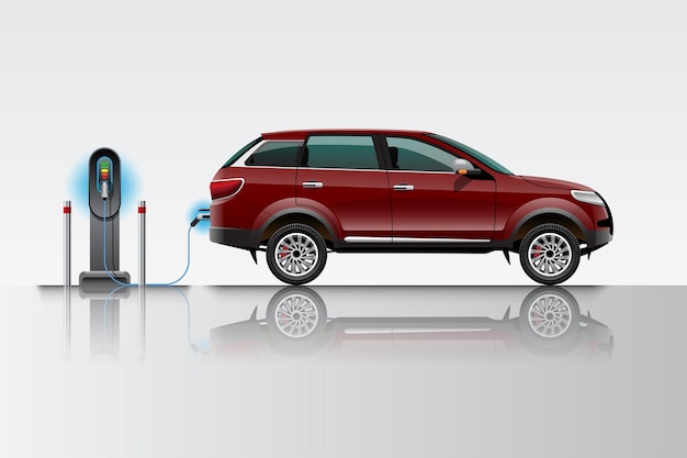 Vector electric red suv car charging at charger station. ev vehicle. isolated on grey background.