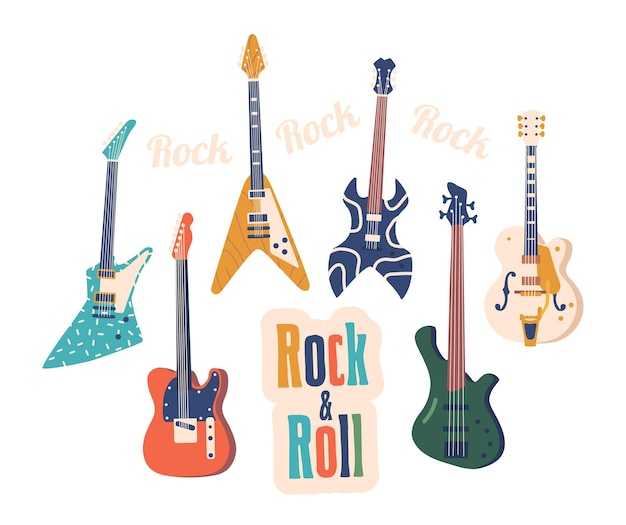 Electric Rock Guitars Set Feature Solid Bodies And Metal Strings Amps Amplify Sound Through Magnetic Pickups Producing A Signature Distorted Tone In Rock Music Cartoon Vector Illustration