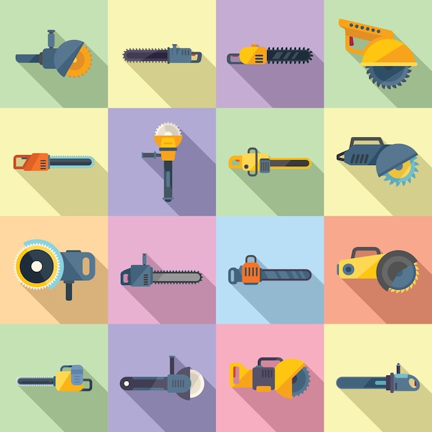 Electric saw icons set flat vector. Chainsaw equipment. Builder device