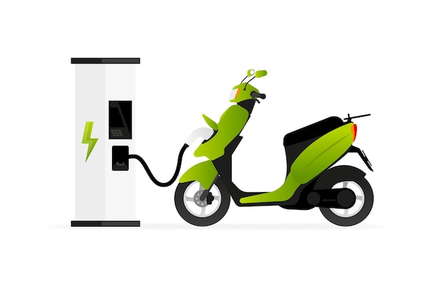 Vector electric scooter and charging station green modern scooter recharges batteries eco delivery