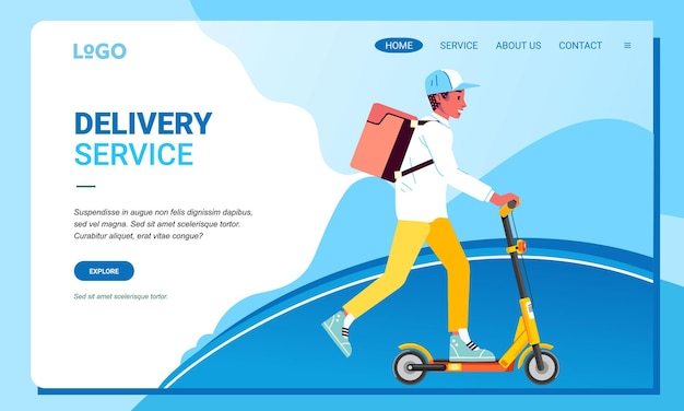 Electric scooter courier with parcel boxes on the back delivering food delivery concept Landing page design Vector illustration for website