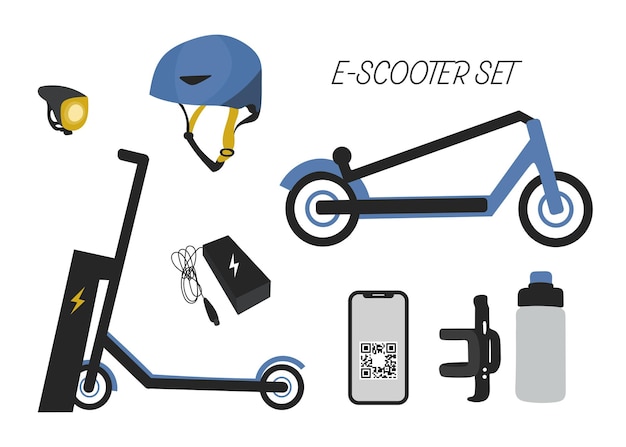 Electric scooter set, Eco-friendly transport, Helmet, charging station, phone, bottle. Flat vector.