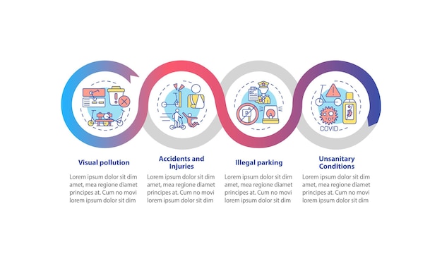 Electric scooters problems vector infographic template. Accidents presentation outline design elements. Data visualization with 4 steps. Process timeline info chart. Workflow layout with line icons