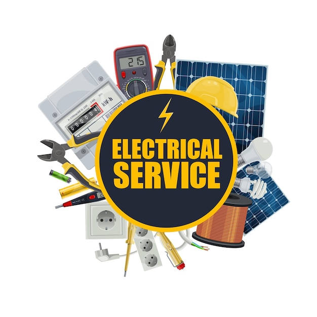 전기 서비스 만화 벡터 장비 및 전기 엔지니어 도구. 에너지 전력계, 전구, 스위치 및 멀티미터, 전압계, 케이블, 소켓, 플러그, 전압 테스터 및 배터리