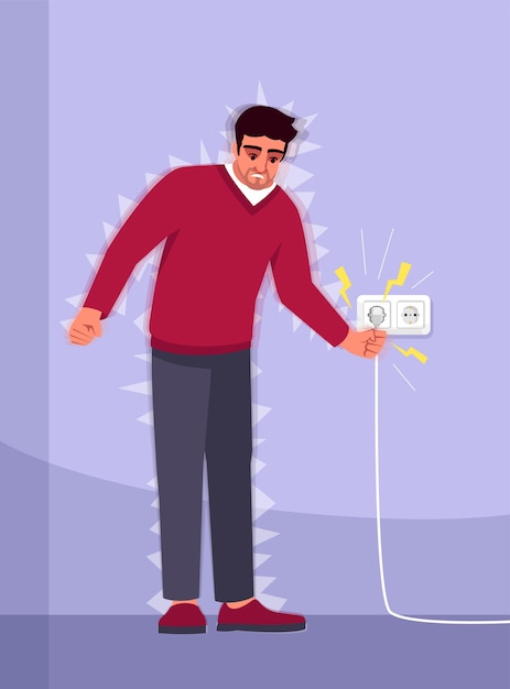 Electric shock experience semi  rgb color  illustration. household accident. electrical injury. young man suffered from electricity  cartoon character on purple background