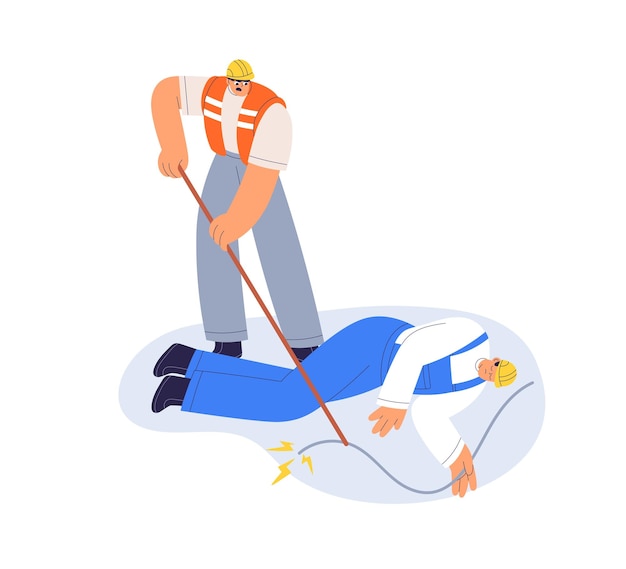 Vector electric shock first aid help unconscious fainted man electrician lying with wire cable workers risks with electricity and voltage flat graphic vector illustration isolated on white background