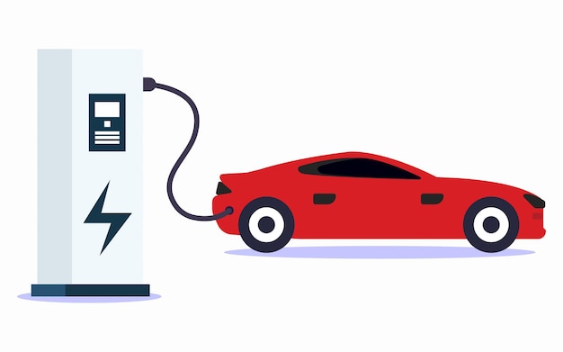 Electric smart car charging at the charger station with a plug in cable side view vector design