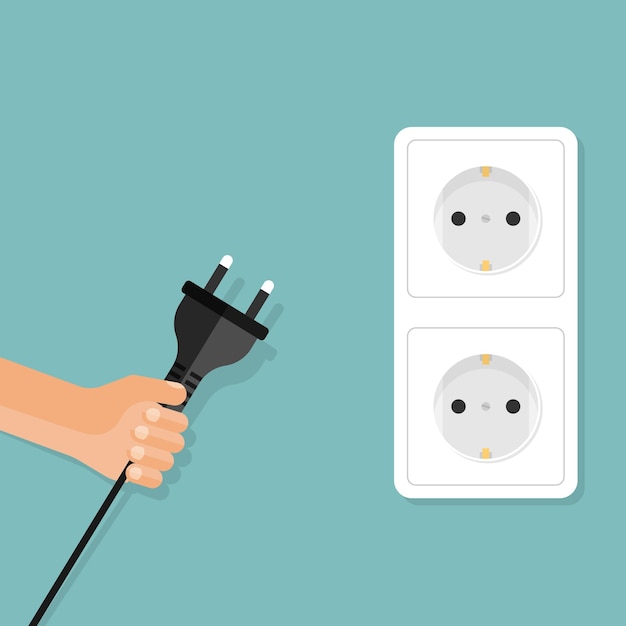 分離の背景にフラット スタイル接続シンボル ベクトル図の男の手のアイコンと電気ソケット 電源ソケット サイン ビジネス コンセプト