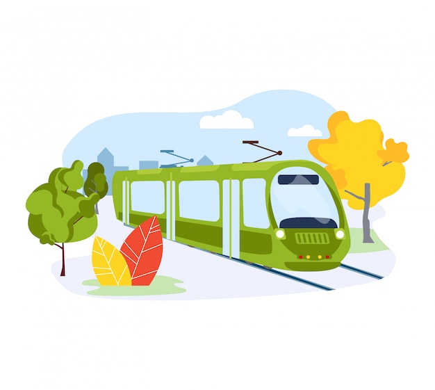 Electric subway train, urban public transport system  on white,   illustration. Ecology care nature metro vehicle.