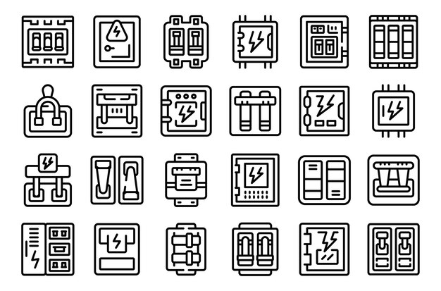 Electric switchboard icons set outline vector Engineer work Power industrial fuse