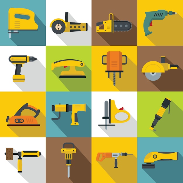 Electric tools icons set, flat style