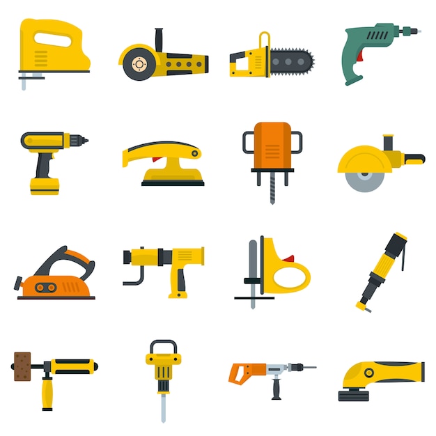 Electric tools icons set in flat style