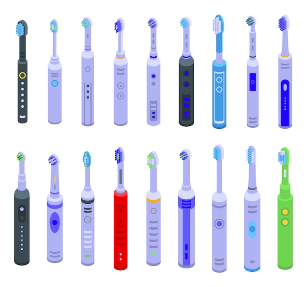 Electric toothbrush icons set, isometric style