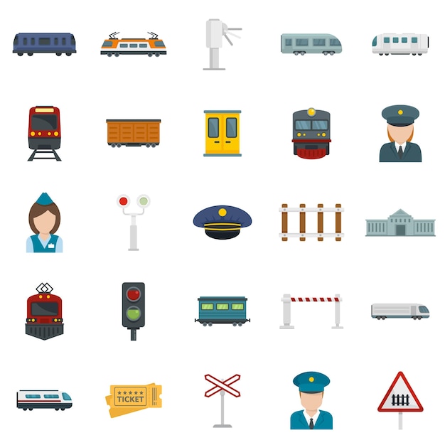 Electric train driver icons set. flat set of electric train driver vector icons isolated on white background