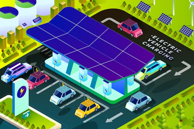 Vector electric vehicle charging - isometric illustration