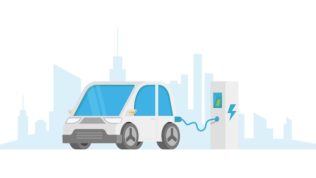 Vector electric vehicle at a charging point station with cityscape background