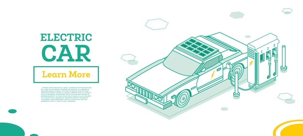 Electric Vehicle on Charging Station Isometric Outline Concept